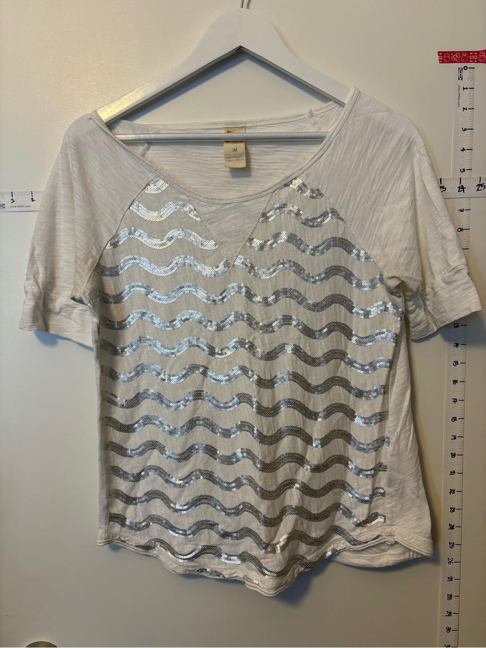 Anthropologie Women's White Sequin Wave Short Sleeve Top